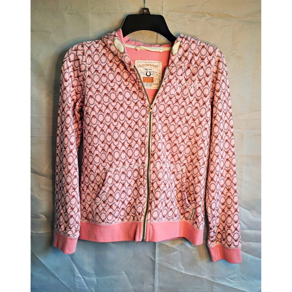 Horseware Ireland Pink Geometric Full Zip Hoodie Teens M Fleece Pockets Logo